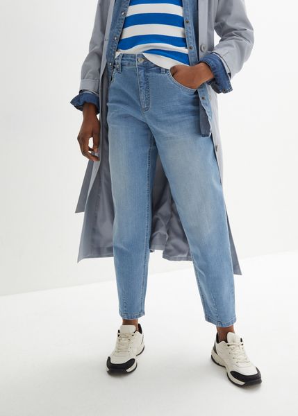 Dżinsy Barrel, high waist, cropped. Niebieskie jeansy damskie bonprix, z podwyższonym stanem. Za 129.99 zł.