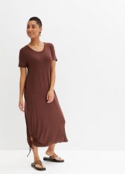 Sukienka shirtowa midi, z kieszeniami po bokach i marszczeniem. Brązowe sukienki damskie bonprix, bez wzorów, bez kołnierzyka, bez ramiączek, midi. Za 102.99 zł.