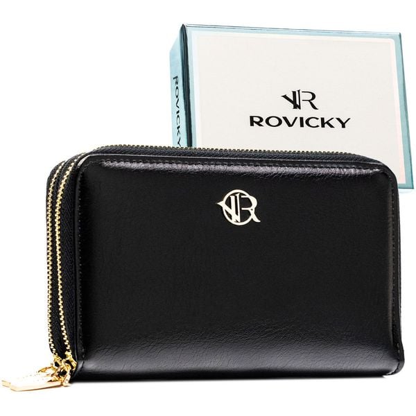 Duży, czarny portfel damski ze skóry ekologicznej zamykany suwakiem - Rovicky. Czarne portfele damskie ROVICKY, bez wzorów, ze skóry ekologicznej. Za 69.99 zł.