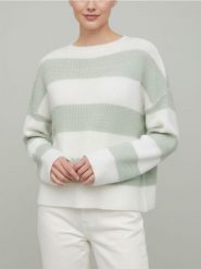 Sweter w pasy z okrągłym dekoltem i długim rękawem - zielony. Zielone swetry klasyczne damskie Sinsay, l, bez kołnierzyka. Za 39.99 zł.