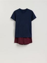 Dwuczęściowa piżama z bawełny - granatowy. Niebieskie piżamy męskie Reserved, l, bez wzorów, z bawełny, bez ramiączek. W wyprzedaży za 69.99 zł.