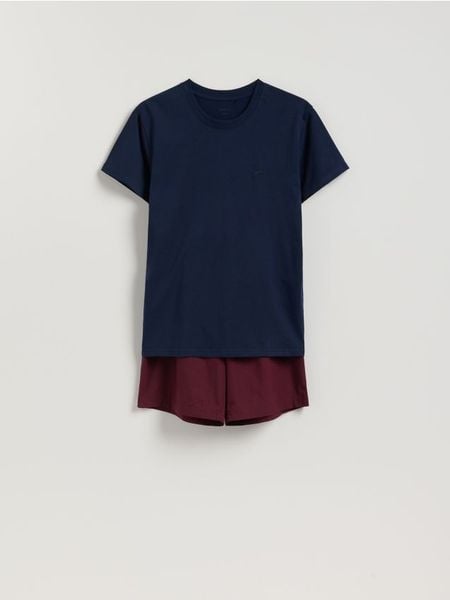 Dwuczęściowa piżama z bawełny - granatowy. Niebieskie piżamy męskie Reserved, l, bez wzorów, z bawełny, bez ramiączek. W wyprzedaży za 69.99 zł.