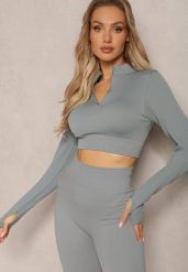 Szara Elastyczna Bluzka na Suwak z Wycięciem przy Ściągaczu Denalla. Szare bluzki damskie Renee, bez wzorów, bez kołnierzyka, bez ramiączek. Za 34.99 zł.