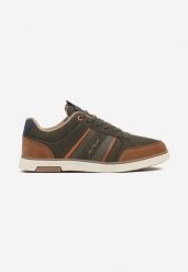 Ciemnobeżowe Sznurowane Buty Sportowe z Ozdobnymi Paskami i Napisem Nastell. Brązowe buty sportowe na co dzień męskie Born2be, z jeansu, bez zapięcia. Za 139.99 zł.