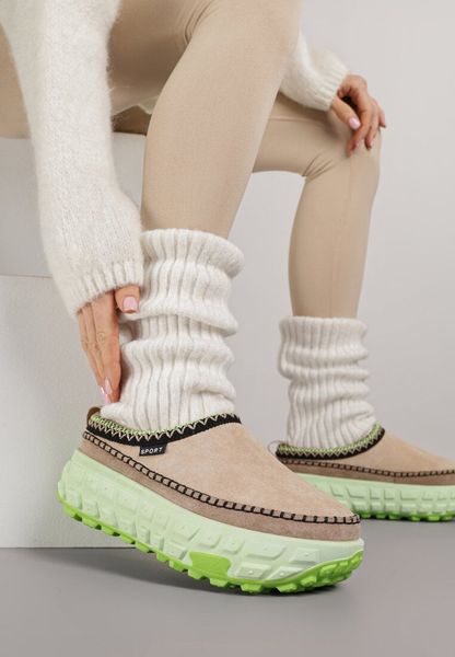 Beżowo-Zielone Śniegowce na Platformie z Tłoczeniem i Niską Cholewką Violova. Brązowe śniegowce damskie Renee, przed kostkę. Za 89.99 zł.