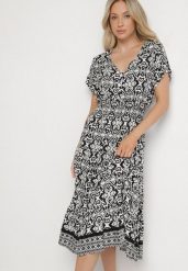 Biało-Czarna Bawełniana Sukienka Rozkloszowana we Wzór Paisley Lanadira. Czarne sukienki damskie Born2be, l, bez wzorów, z bawełny, boho, bez kołnierzyka, bez ramiączek, midi, rozkloszowane. W wyprzedaży za 51.99 zł.