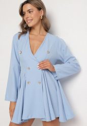 Niebieska Sukienka w Styku Marynarki Rozkloszowana z Guzikami Meliova. Niebieskie marynarki i żakiety damskie Born2be, m, bez wzorów, biznesowe. Za 119.99 zł.