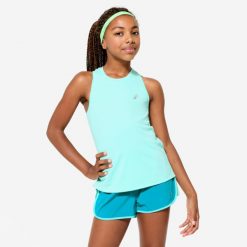 Koszulka bez rękawów dziecięca Decathlon. Zielone koszulki dziewczęce Decathlon, s, bez wzorów, z materiału, bez ramiączek. Za 24.99 zł.