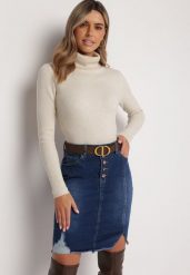 Granatowa Jeansowa Spódnica Mini na Guziki Blunira. Niebieskie spódniczki damskie Born2be, xl, z aplikacjami, z jeansu, eleganckie, mini. Za 69.99 zł.