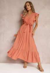 Pomarańczowa Rozkloszowana Sukienka Maxi z Gumką w Talii Lavla. Brązowe sukienki damskie Renee, l, bez wzorów, z materiału, bez kołnierzyka, bez ramiączek, maxi, rozkloszowane. Za 109.99 zł.