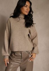 Beżowy Golf Ozdobiony Ściągaczami Wedena. Brązowe golfy damskie Renee, l, bez wzorów, z jeansu, bez ramiączek. Za 69.99 zł.