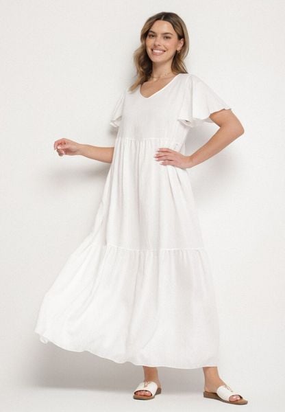 Biała Sukienka z Wiskozy o Rozkloszowanym Kroju Nattalana. Białe sukienki damskie Born2be, na co dzień, l, bez wzorów, z materiału, klasyczne, bez kołnierzyka, bez ramiączek, maxi, rozkloszowane. Za 69.99 zł.