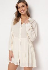 Jasnobeżowa Koszulowa Sukienka w Stylu Boho z Rozkloszowanym Dołem Liorda. Brązowe sukienki damskie Born2be, na lato, l, bez wzorów, boho, bez kołnierzyka, bez ramiączek, mini, koszulowe. W wyprzedaży za 103.99 zł.