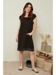 Le Monde du Lin Lniana sukienka w kolorze czarnym rozmiar: 36/38. Czarne sukienki damskie Le Monde du Lin, na co dzień, bez wzorów, z koronki, klasyczne, bez kołnierzyka, bez ramiączek, mini, proste. Za 143.99 zł.