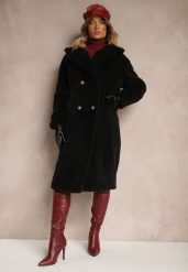 Czarny Dwurzędowy Płaszcz z Futerkiem Zelirra. Czarne płaszcze damskie Renee, xl, bez wzorów, z dzianiny, eleganckie. Za 119.99 zł.