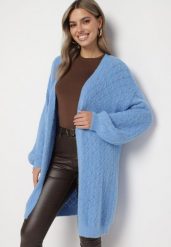 Niebieski Długi Sweter Niezapinany z Ozdobnym Dekoltem V Jovilia. Niebieskie kardigany damskie Born2be, bez wzorów. Za 69.99 zł.