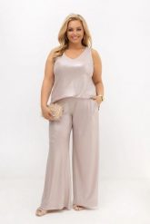 Elegancki komplet damski połyskujący Asteria: top i szerokie spodnie z lurexu | PLUS SIZE OVERSIZE LATO NA WESELE. Spodnie materiałowe damskie Moda Size Plus Iwanek, bez wzorów, z elastanu, eleganckie, plus size. Za 339.90 zł.