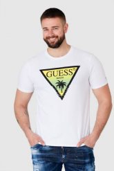 GUESS Biały t-shirt męski z logo z palmą. Białe t-shirty męskie Guess, m, z aplikacjami, bez kołnierzyka. W wyprzedaży za 129.99 zł.