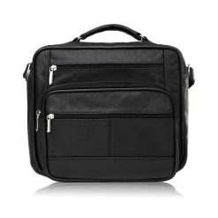 Skórzana torba męska na ramię do pracy na co dzień Abruzzo ABR-16. Czarne torby męskie na ramię z aplikacjami, z materiału, do ręki. Za 164.00 zł.