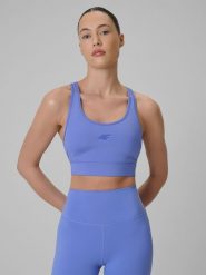 4F Biustonosz treningowy z niskim wsparciem damski - niebieski XS. Niebieskie biustonosze sportowe damskie 4f, bez wzorów, z gumy. Za 99.99 zł.