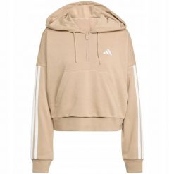 Bluza damska Essentials 3-Stripes French Terry Hoodie Quarter Zip. Brązowe bluzy z kapturem damskie Adidas, z bawełny. Za 200.99 zł.