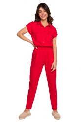 Kombinezon w Stylu Safari - Czerwony. Czerwone kombinezony damskie MOE, na lato, l, bez wzorów, z bawełny, bez kołnierzyka, bez ramiączek. Za 274.90 zł.