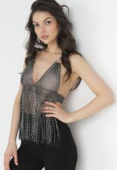 Czarno-Srebrny Top w Cyrkonie z Frędzlami Sulma. Czarne topy damskie Born2be, uniwersalny, bez wzorów, bez kołnierzyka. Za 129.99 zł.