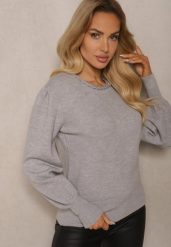 Szary Sweter z Modalem i Wiskozą Ozdobiony Bufiastymi Rękawami i Splotem przy Dekolcie Enareth. Szare swetry klasyczne damskie Renee, m, z jeansu, bez kołnierzyka. Za 69.99 zł.