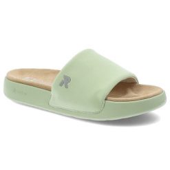 Zielone Klapki Rieker Wygodne Płaskie Obuwie Damskie. Zielone klapki damskie Rieker, bez wzorów, bez obcasa, na płaskiej podeszwie. Za 179.00 zł.