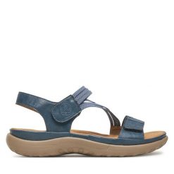 Sandały Rieker. Niebieskie sandały damskie Rieker, bez wzorów, bez obcasa, na płaskiej podeszwie. Za 319.99 zł.