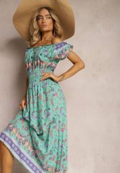 Zielona Letnia Sukienka z Bawełny o Fasonie Hiszpanki z Gumką w Pasie i Wzorem Paisley Delsina. Zielone sukienki damskie Renee, na imprezę, na lato, xl, z aplikacjami, z bawełny, boho, bez kołnierzyka, bez ramiączek, maxi. W wyprzedaży za 38.49 zł.