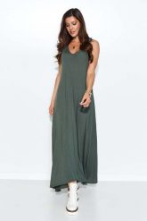Maxi Sukienka na Szerokich Ramiączkach - Khaki. Brązowe sukienki damskie Makadamia, m, bez wzorów, z dzianiny, bez kołnierzyka, bez ramiączek, maxi. Za 219.90 zł.