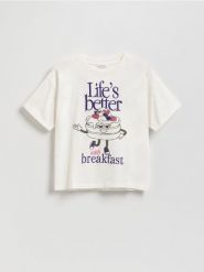 T-shirt z haftem - złamana biel. Koszulki dziewczęce Reserved, bez wzorów, z bawełny, bez ramiączek. Za 39.99 zł.