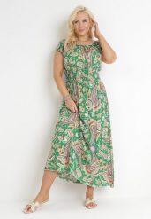 Zielona Rozkloszowana Sukienka Hiszpanka Maxi z Gumkami w Pasie z Bawełny Briyenn. Zielone sukienki damskie Born2be, na imprezę, na lato, l, bez wzorów, z bawełny, bez kołnierzyka, bez ramiączek, maxi, rozkloszowane. W wyprzedaży za 63.99 zł.