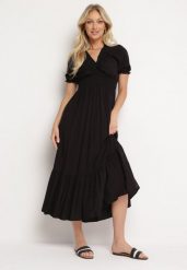 Czarna Bawełniana Sukienka z Kopertowym Dekoltem w Stylu Boho Rissasie. Czarne sukienki damskie Born2be, na co dzień, m, bez wzorów, z bawełny, boho, bez kołnierzyka, bez ramiączek, midi, kopertowe. W wyprzedaży za 39.99 zł.