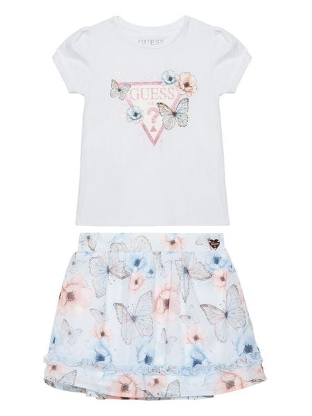 Guess Komplet t-shirt i spódniczka K6RG07 K6YW0 Biały Regular Fit. Białe koszulki dziewczęce Guess, z aplikacjami, z syntetyku, bez ramiączek. Za 269.99 zł.