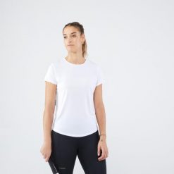 Koszulka tenisowa z okrągłym dekoltem damska Artengo Dry Essential 100. Białe bluzki damskie ARTENGO, l, bez wzorów, z materiału, eleganckie, bez kołnierzyka, bez ramiączek. Za 39.99 zł.