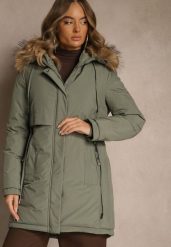 Zielona Klasyczna Kurtka Parka z Kapturem z Futrem Nalisava. Zielone kurtki damskie Renee, l, bez wzorów, z dzianiny. Za 319.99 zł.