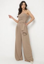 Brązowy Komplet Top Bez Rękawów z Trenem i Szerokie Spodnie Redilise. Brązowe spodnie materiałowe damskie Born2be, bez wzorów, eleganckie. Za 139.99 zł.