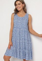 Niebieska Bawełniana Sukienka Bez Rękawów w Kolorowe Plamki Nattelle. Niebieskie sukienki damskie Born2be, na co dzień, l, bez wzorów, z bawełny, eleganckie, bez kołnierzyka, bez ramiączek, midi. W wyprzedaży za 43.99 zł.