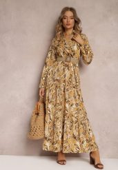 Jasnobeżowa Sukienka Maxi z Kołnierzykiem i Plecionym Paskiem Pertitus. Brązowe sukienki damskie Renee, l, z aplikacjami, eleganckie, bez kołnierzyka, bez ramiączek, maxi, kopertowe. W wyprzedaży za 118.99 zł.