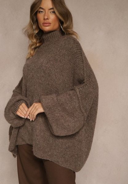 Jasnobrązowy Golf Oversize z Wełną z Opadającą Linią Ramion Lilirea. Brązowe golfy damskie Renee, bez wzorów, z jeansu, bez ramiączek. Za 169.99 zł.