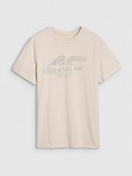 4F T-shirt regular z nadrukiem męski - beżowy L. Brązowe t-shirty męskie 4f, l, bez wzorów, z bawełny, bez kołnierzyka. Za 59.99 zł.