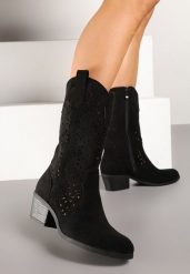 Czarne Botki Kowbojki na Słupku z Ażurową Cholewką Ravsemi. Czarne botki damskie Renee, z jeansu, bez obcasa, na obcasie, bez zapięcia. Za 129.99 zł.
