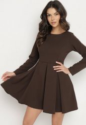 Brązowa Elegancka Sukienka o Rozkloszowanym Kroju Temitonia. Brązowe sukienki damskie Born2be, m, bez wzorów, eleganckie, bez kołnierzyka, bez ramiączek, mini, rozkloszowane. W wyprzedaży za 111.99 zł.