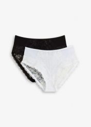Figi z wysokim stanem z delikatną koronką (2 pary). Brązowe figi damskie bonprix, bez wzorów, z koronki. Za 67.99 zł.