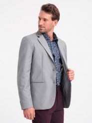 Klasyczna marynarka męska z kieszenią na poszetkę - szara V1 OM-BLZB-0115 - XXL. Szare marynarki męskie Ombre Clothing, bez wzorów, z poliesteru. Za 309.99 zł.