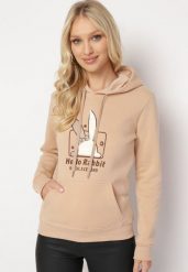 Beżowa Bluza Dzianinowa z Kapturem i Nadrukiem Jubida. Brązowe bluzy z kapturem damskie Born2be, l, z dzianiny. Za 84.99 zł.
