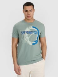 4F T-shirt regular z nadrukiem męski - oliwkowy L. Brązowe t-shirty męskie 4f, l, bez wzorów, z bawełny, bez kołnierzyka. Za 69.99 zł.
