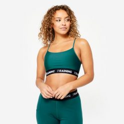 Stanik sportowy Decathlon. Czarne biustonosze sportowe damskie DOMYOS, bez wzorów, z elastanu. Za 49.99 zł.